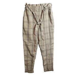SO Women's Plaid Paperbag Waist Tie Front Pants Size S Beige Brown Casual Work